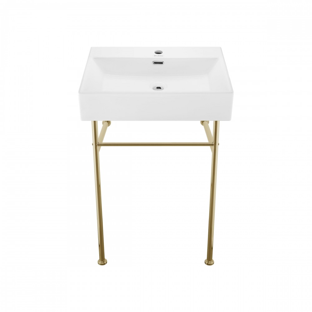 Claire 24 Ceramic Console Sink White Basin Gold Legs Claire 24 Ceramic Console Sink White Basin Gold Legs