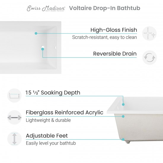 Voltaire 72" x 36" Reversible Drain Drop-In Bathtub