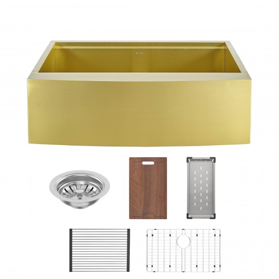 Tourner 33x22 Single Basin, Farmhouse Kitchen Workstation Sink with Apron, Gold