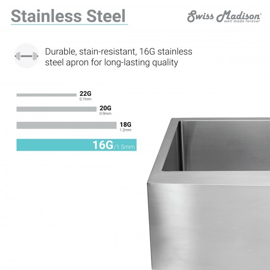 Tourner 30 x 21 Stainless Steel, Single Basin, Farmhouse Kitchen Sink with Apron