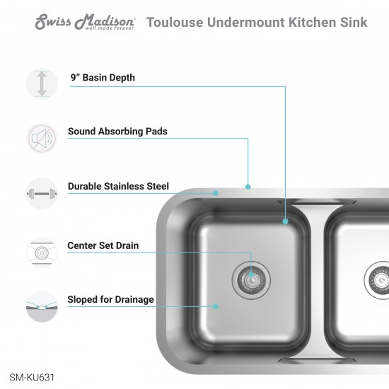 Toulouse 32x19 Low Divide Stainless Steel, Dual Basin, Under-Mount Kitchen Sink