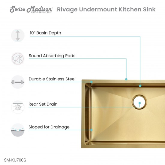 Rivage 30 x 18 Stainless Steel, Single Basin, Undermount Kitchen Sink, Gold