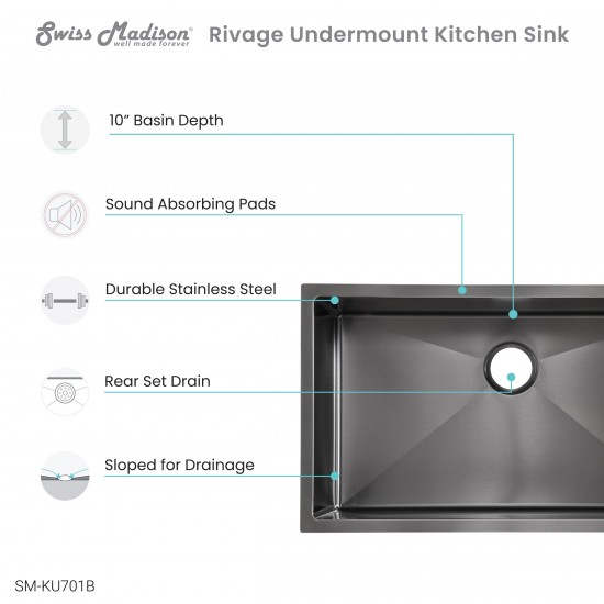 Rivage 32 x 19 Stainless Steel, Single Basin, Undermount Kitchen Sink, Black