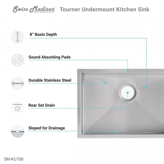 Tourner 26 x 18 Stainless Steel, Single Basin, Undermount Kitchen Sink