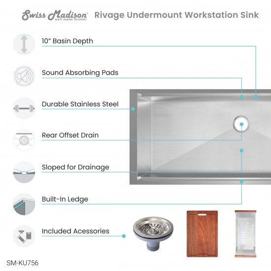 Rivage 45 x 19 Single Basin Undermount Kitchen Workstation Sink