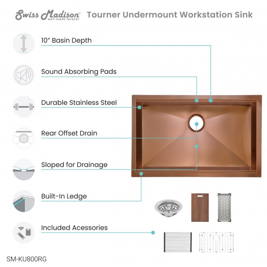 Tourner 30 x 19, Single Basin, Undermount Kitchen Workstation Sink in Rose Gold