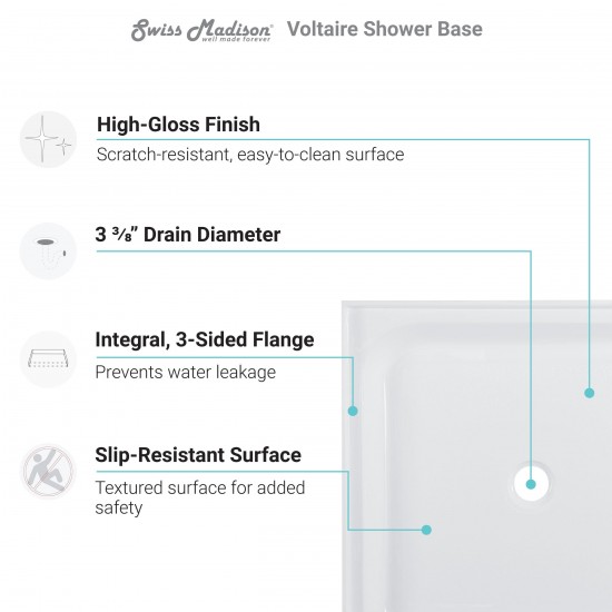 Voltaire 36 x 36 Acrylic White, Single-Threshold, Center Drain, Shower Base