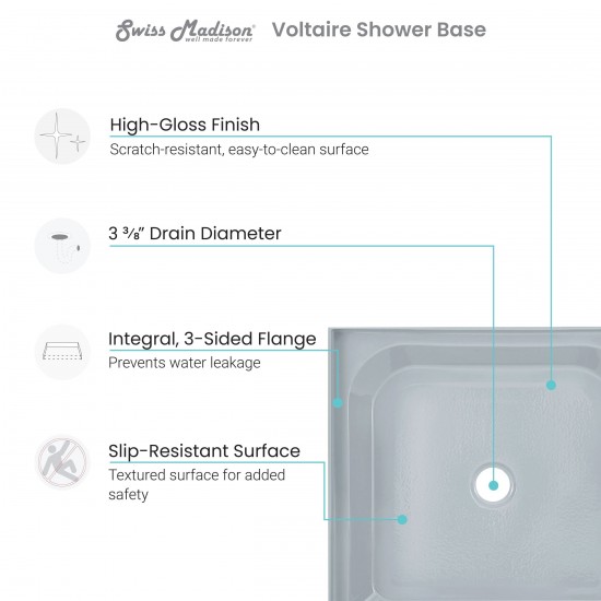 Voltaire 36 x 36' Single-Threshold, Center Drain, Shower Base in Grey