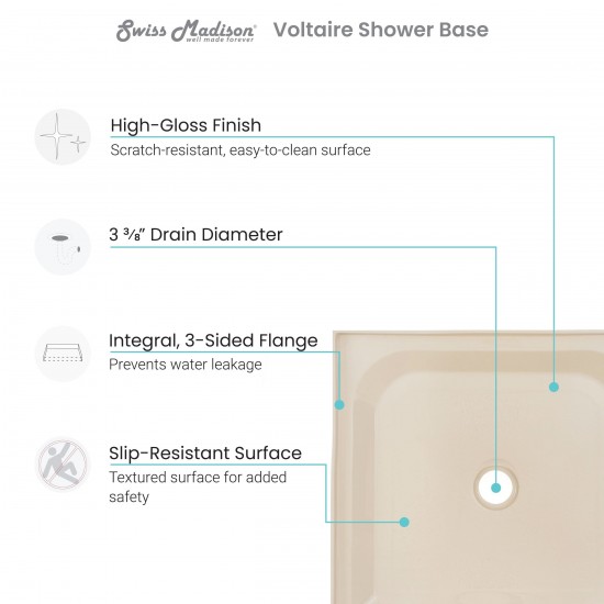 Voltaire 36 x 36 Single-Threshold, Center Drain, Shower Base in Biscuit