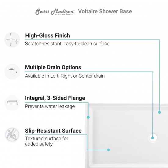 Voltaire 60 x 36 Acrylic White, Single-Threshold, Left-Hand Drain, Shower Base