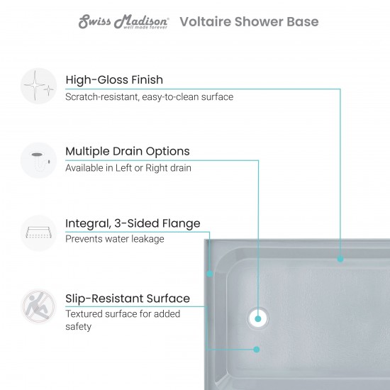 Voltaire 60 x 32 Single-Threshold, Right-Hand Drain, Shower Base in Grey