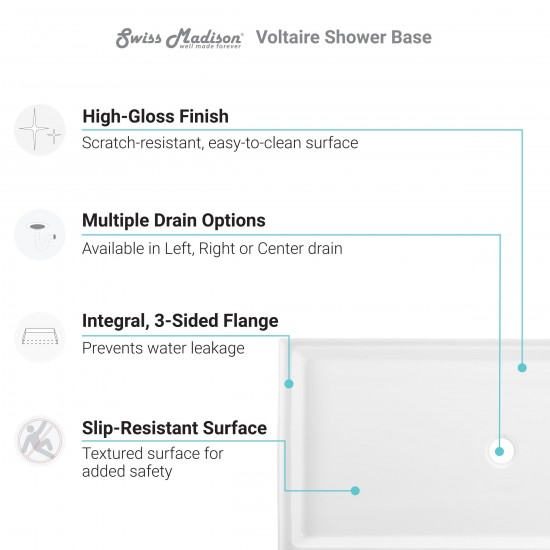 Voltaire 60 x 32 Acrylic White, Single-Threshold, Left-Hand Drain, Shower Base