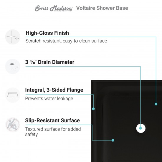 Voltaire 48 x 32 Acrylic Black, Single-Threshold, Center Drain, Shower Base