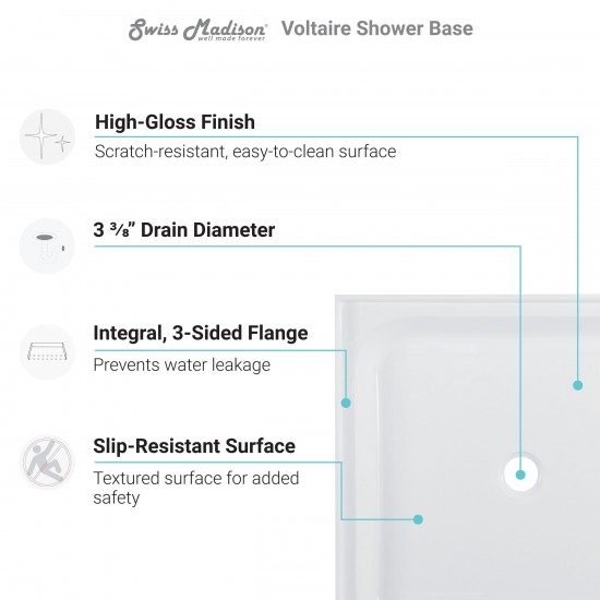 Voltaire 42 x 36 Acrylic White, Single-Threshold, Center Drain, Shower Base