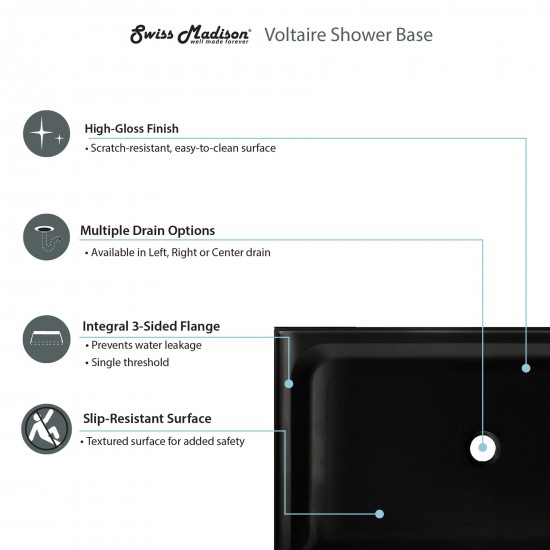 Voltaire 60 x 32 Acrylic Black, Single-Threshold, Center Drain, Shower Base