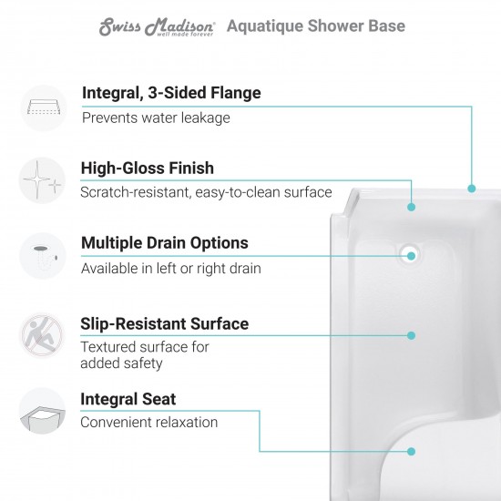 Aquatique 60x32 Single Threshold Shower Base, LH Drain, Right Hand Seat in White