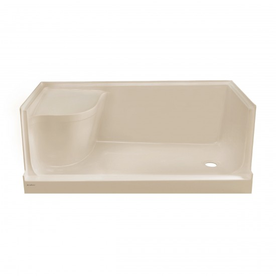 Aquatique 60x32 Single Threshold Shower Base, RH Drain, Left Hand Seat, Biscuit