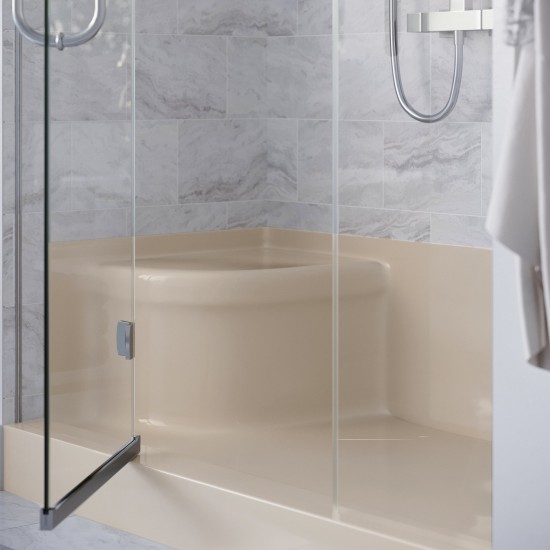 Aquatique 60x32 Single Threshold Shower Base, RH Drain, Left Hand Seat, Biscuit