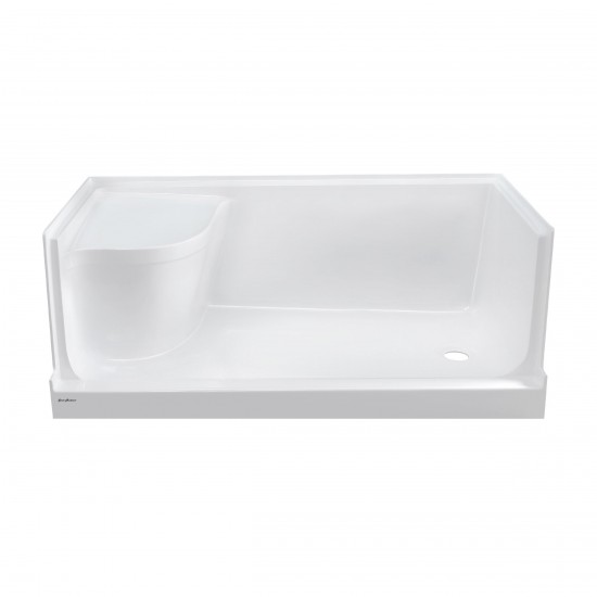 Aquatique 60x32 Single Threshold Shower Base, RH Drain, Left Hand Seat in White