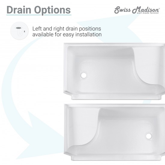 Aquatique 60x32 Single Threshold Shower Base, RH Drain, Left Hand Seat in White