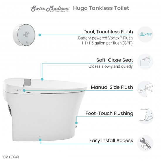 Hugo Intelligent Tankless Elongated Toilet, Touchless Dual-Flush 1.1/1.6 gpf