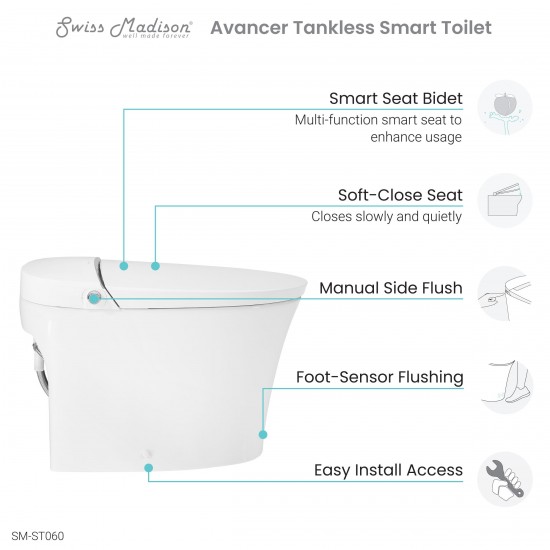 Intelligent Tankless Elongated Toilet and Bidet, Touchless Dual Flush 1.1/1.6gpf