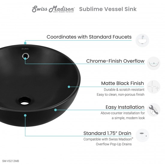 Swiss Madison Sublime 17” Round Vessel Sink in Matte Black