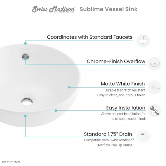 Swiss Madison Sublime 17” Round Vessel Sink in Matte White