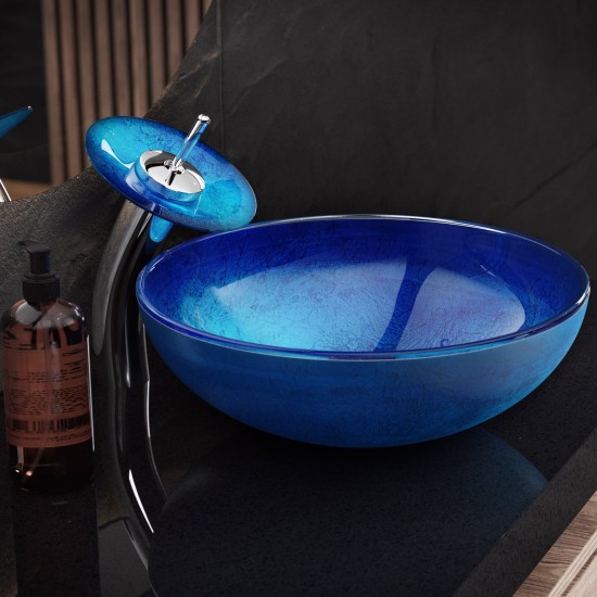 Cascade 16.5 Glass Vessel Sink with Faucet, Ocean Blue