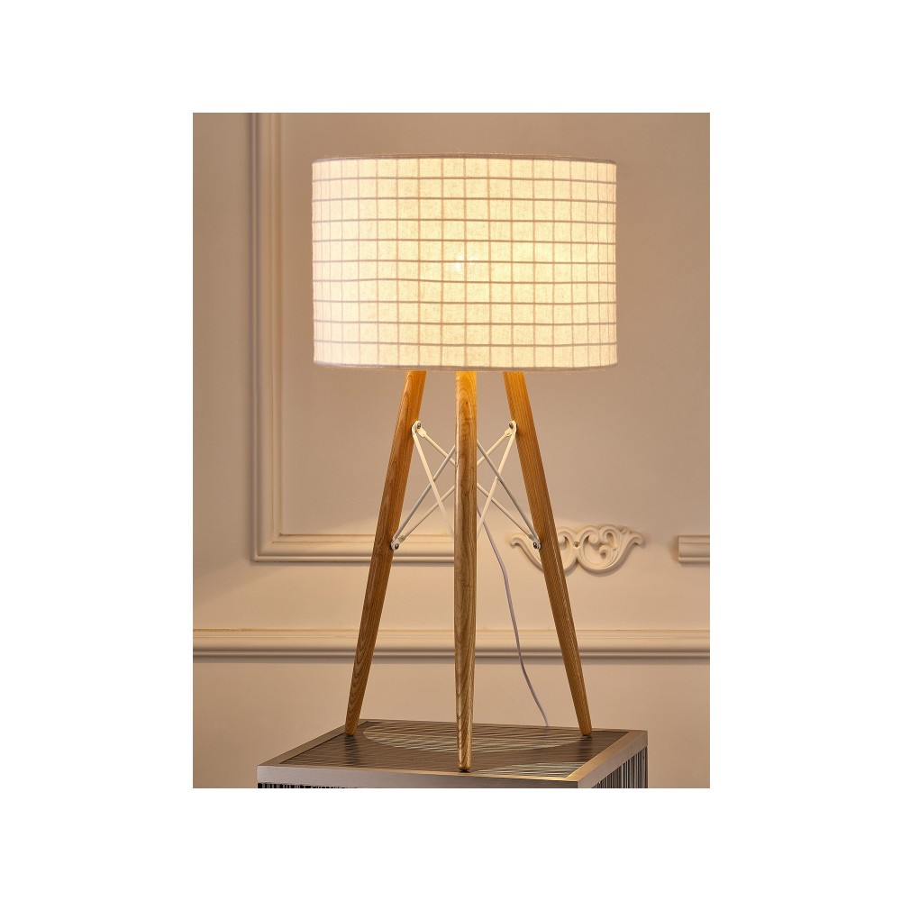 Amber Table Lamp Wooden Base and White Fabric Shade