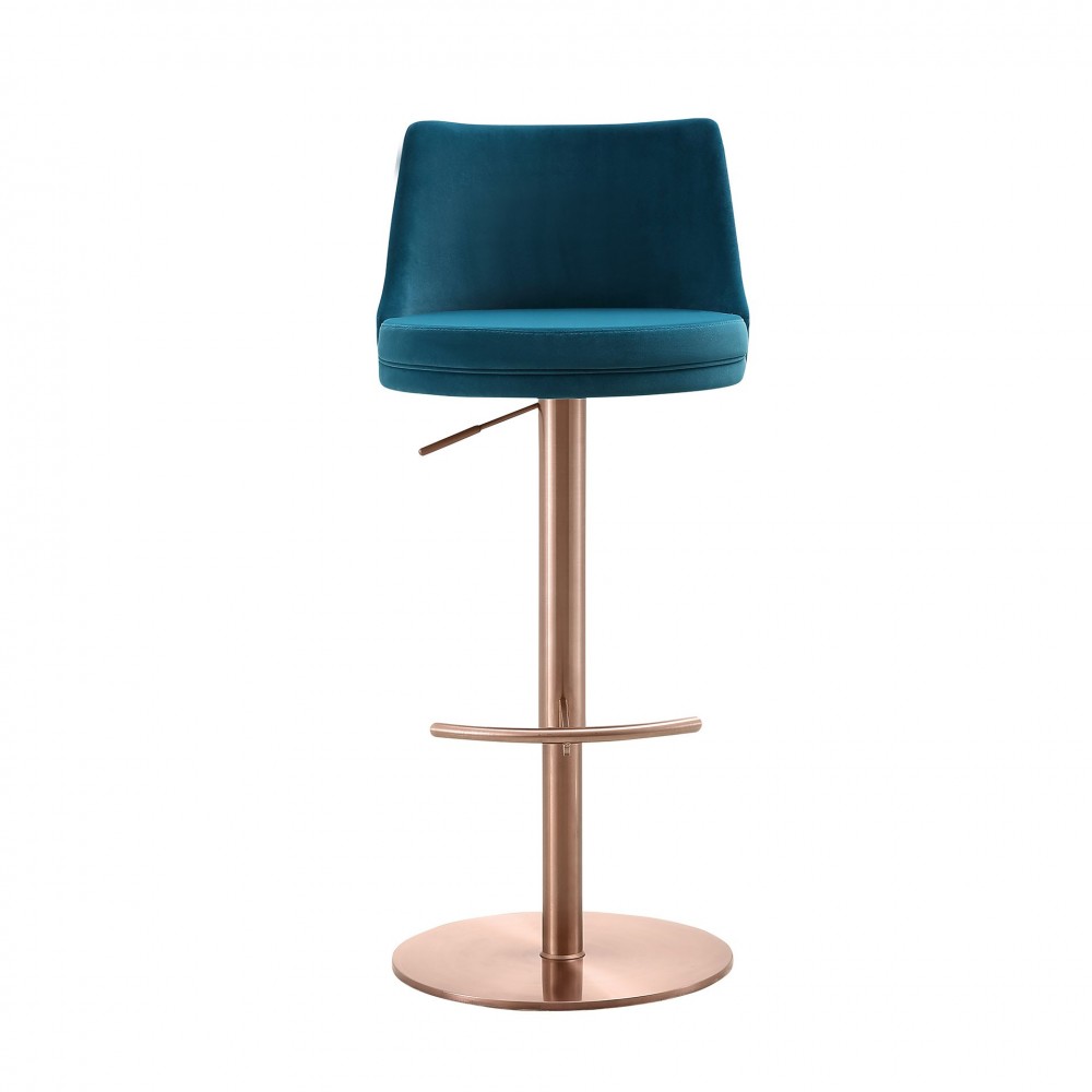 Carter Barstool, Blue Velvet Seat, Rose Gold base