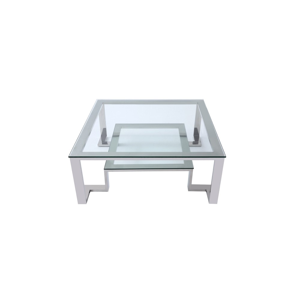 Fab Coffee Table, square clear glass, stainless steel base