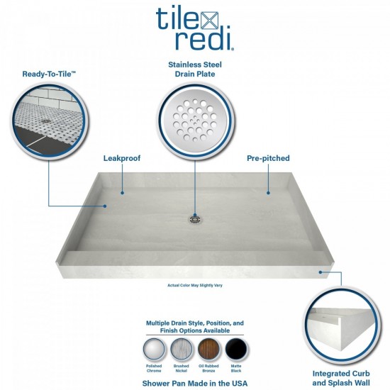 Redi Base 30 x 54 Single Curb Shower Pan With Center Drain