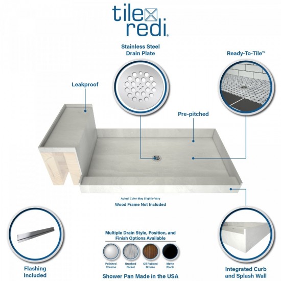 Base'N Bench 37x72 Shower Pan Center Drain Single Curb w Seat