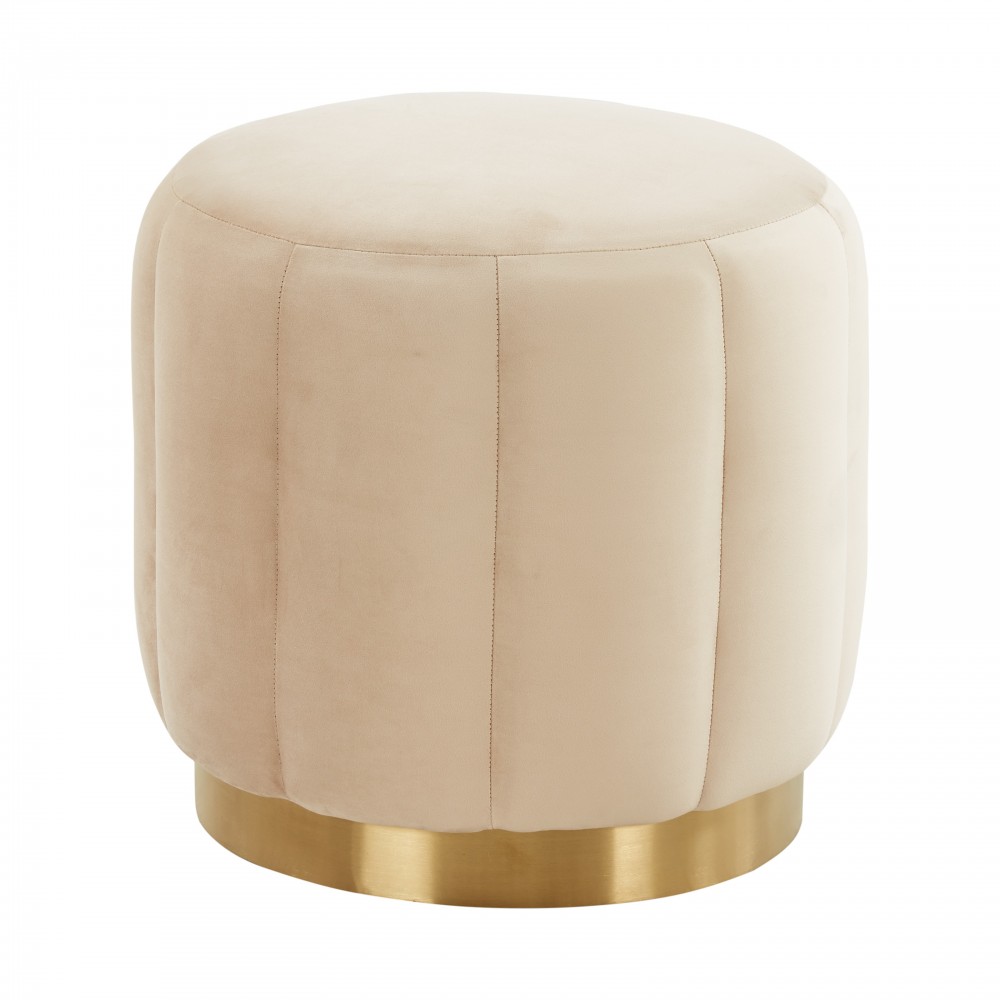 LeisureMod Franklin 19" Round Velvet Ottoman With Gold Base, Beige, FO19BG