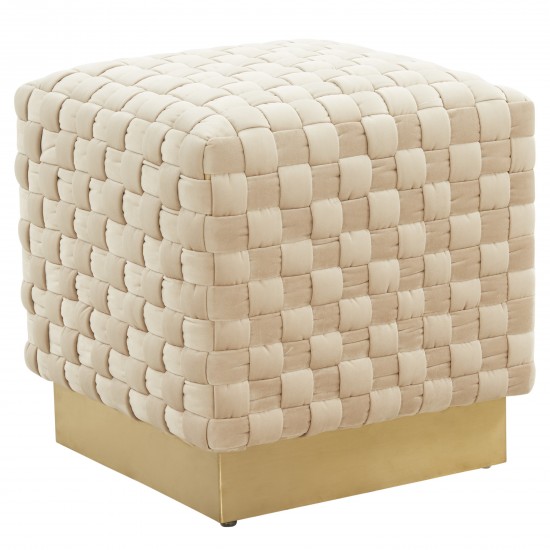 Myrtle 19" Square Weave Design Velvet Ottoman With Gold Base, Beige, MO17BG