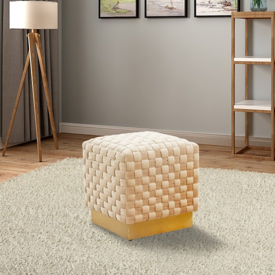 Myrtle 19" Square Weave Design Velvet Ottoman With Gold Base, Beige, MO17BG