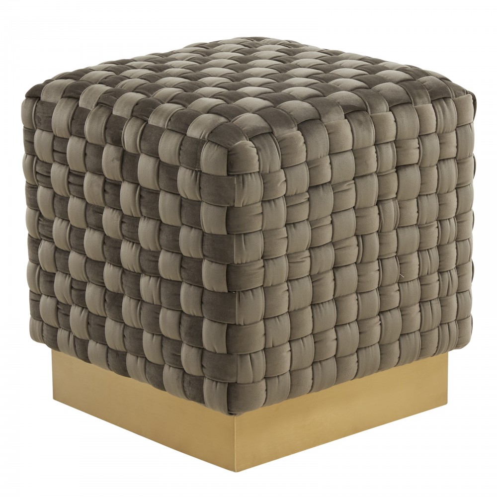 Myrtle 19" Square Weave Design Velvet Ottoman, Gold Base, Dark Grey, MO17DGR