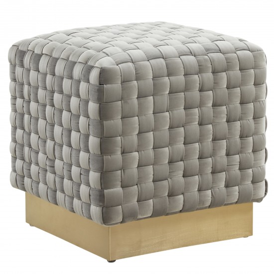 Myrtle 19" Square Weave Design Velvet Ottoman, Gold Base, Light Grey, MO17LGR