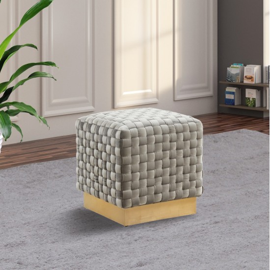 Myrtle 19" Square Weave Design Velvet Ottoman, Gold Base, Light Grey, MO17LGR