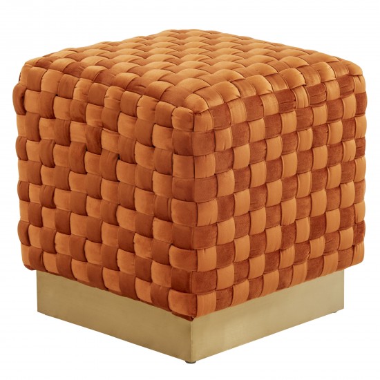 19" Square Weave Design Velvet Ottoman, Gold Base, Orange Marmalade, MO17OR