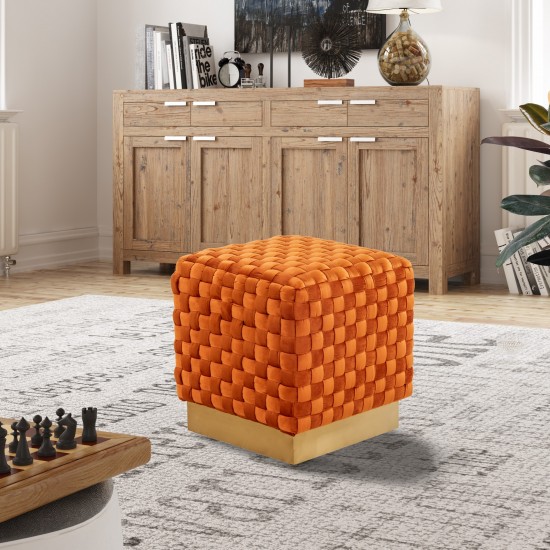 19" Square Weave Design Velvet Ottoman, Gold Base, Orange Marmalade, MO17OR