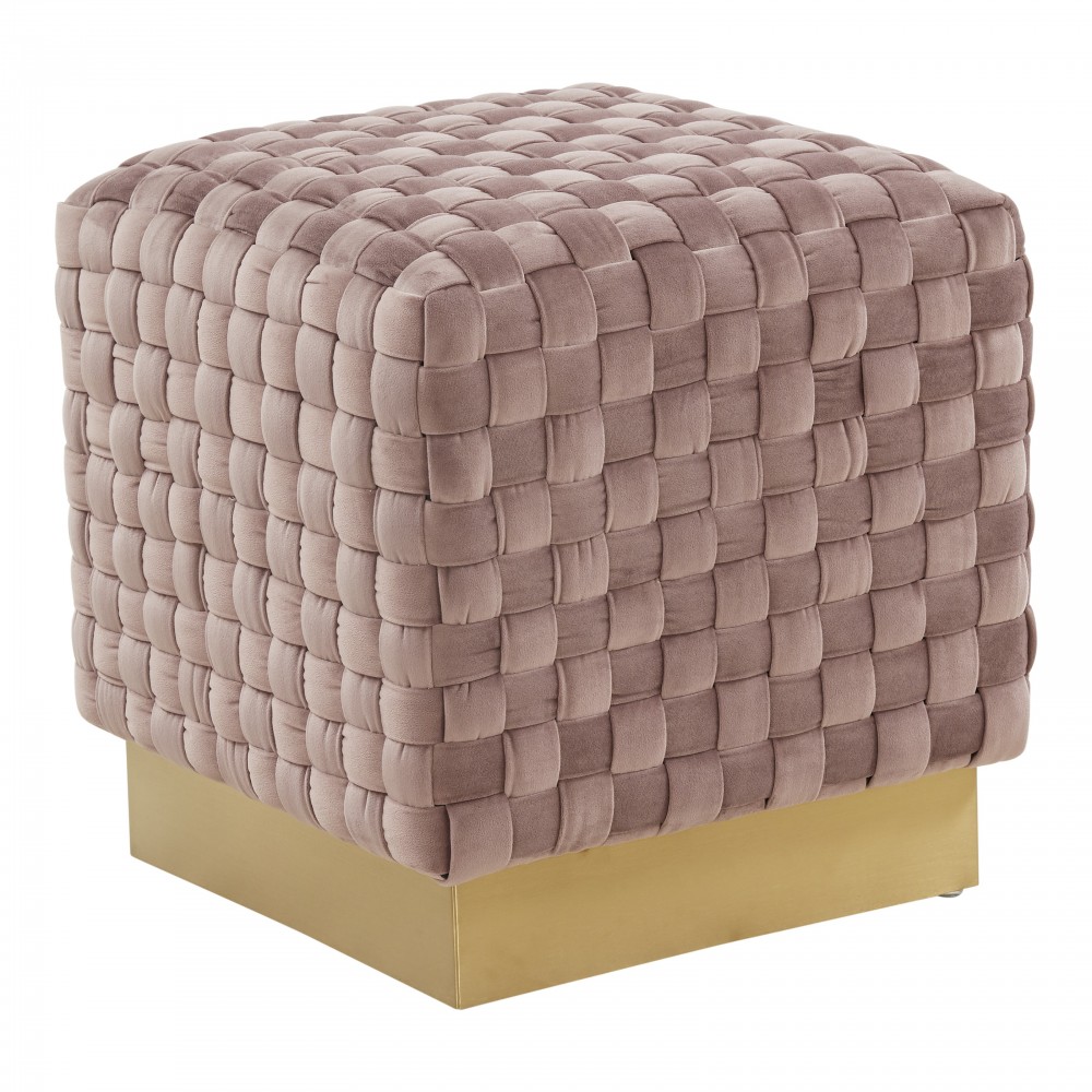 Myrtle 19" Square Weave Design Velvet Ottoman With Gold Base, Pink, MO17PK