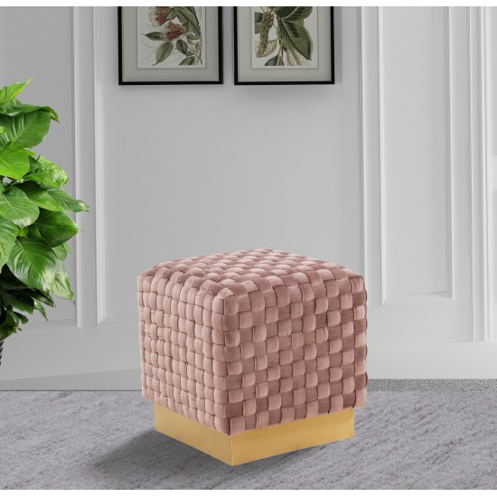 Myrtle 19" Square Weave Design Velvet Ottoman With Gold Base, Pink, MO17PK