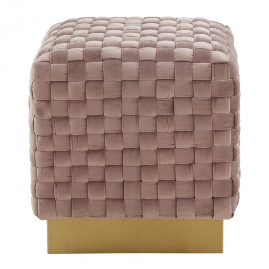 Myrtle 19" Square Weave Design Velvet Ottoman With Gold Base, Pink, MO17PK