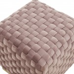 Myrtle 19" Square Weave Design Velvet Ottoman With Gold Base, Pink, MO17PK