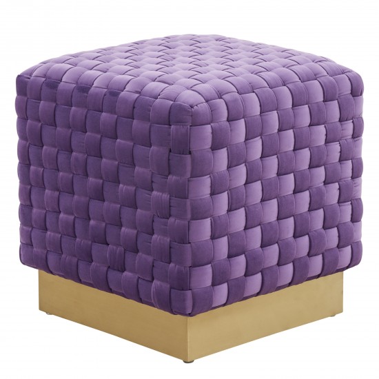 Myrtle 19" Square Weave Design Velvet Ottoman With Gold Base, Purple, MO17PR