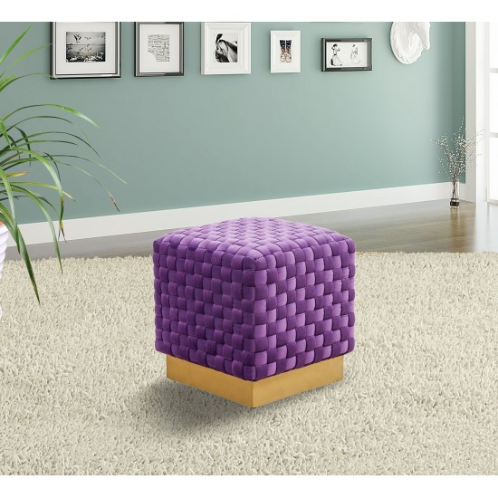 Myrtle 19" Square Weave Design Velvet Ottoman With Gold Base, Purple, MO17PR