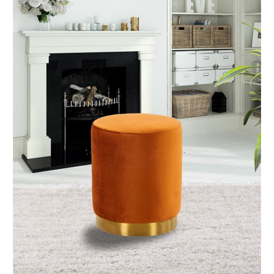 Remmey 16" Round Velvet Ottoman With Gold Base, Orange Marmalade, RO15OR