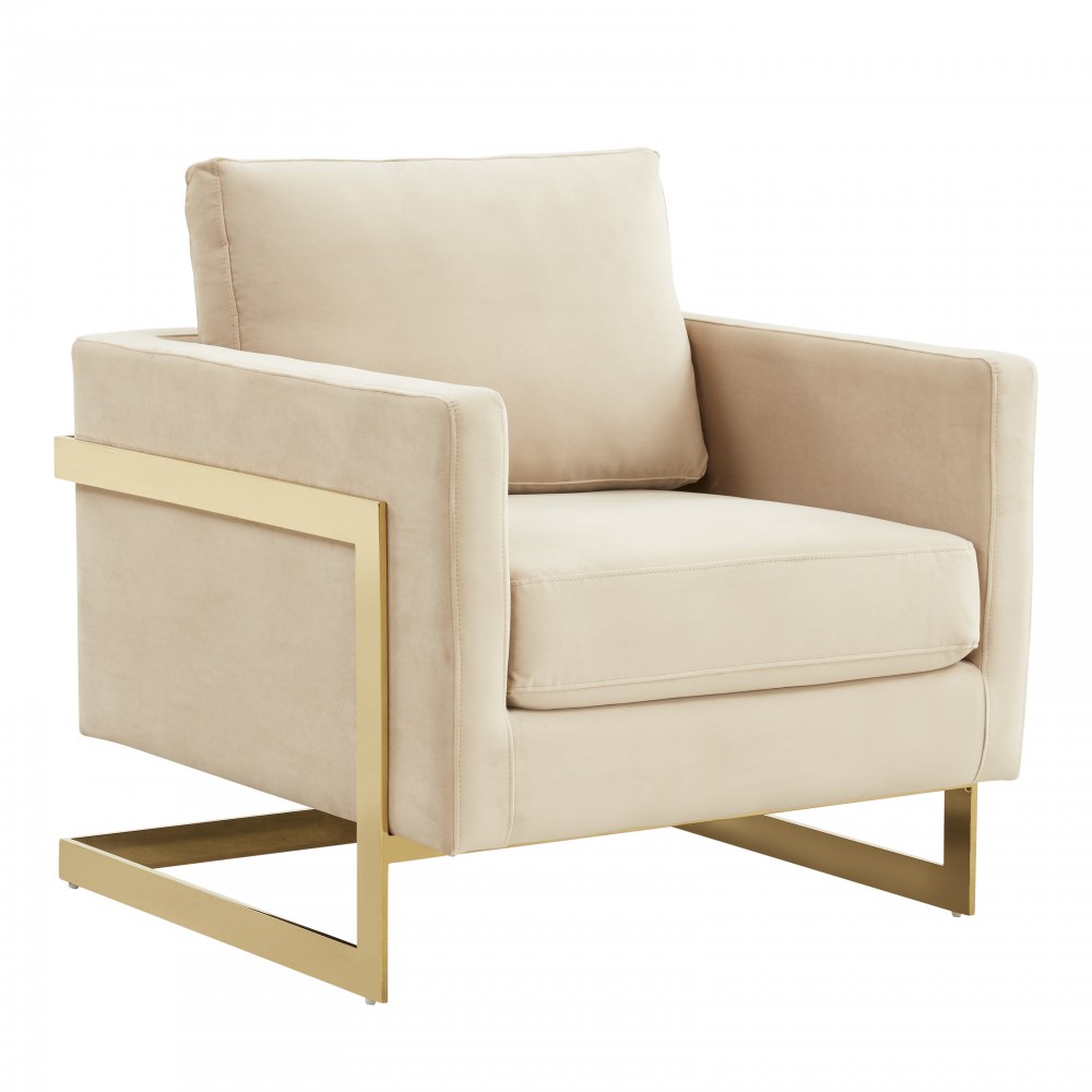 LeisureMod Lincoln Velvet Accent Armchair With Gold Frame, Beige, LA31BG